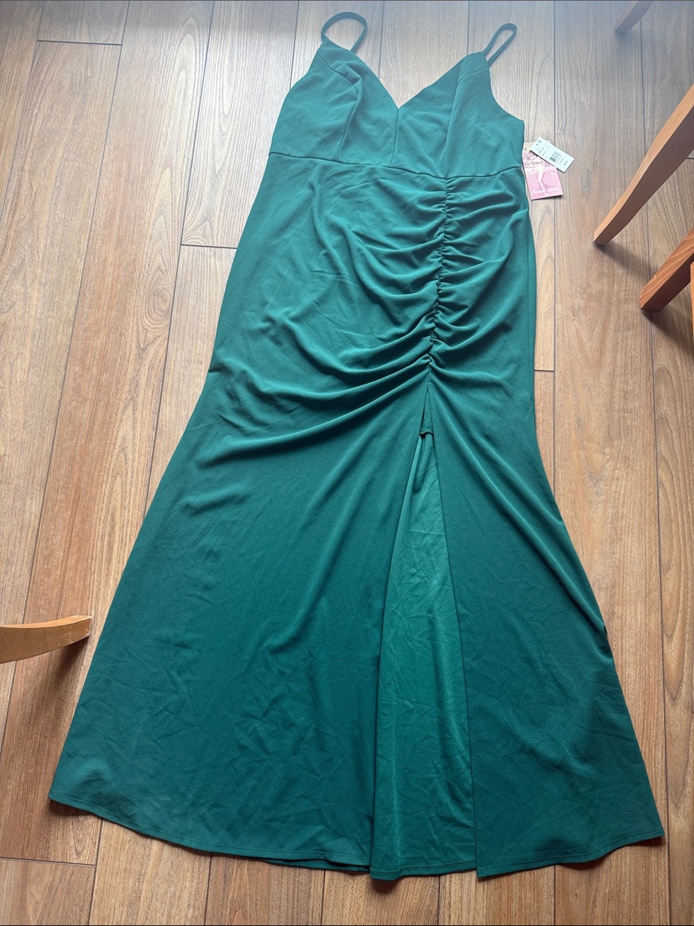 Green Ruched long maxi dress with Front Slit
